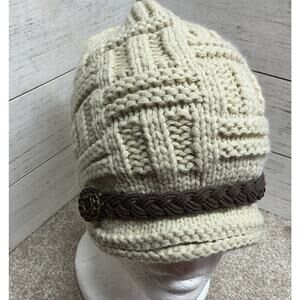 Women's‎ Soft Knit Beanie Hat Cream Faux Leather Strap & Buttons